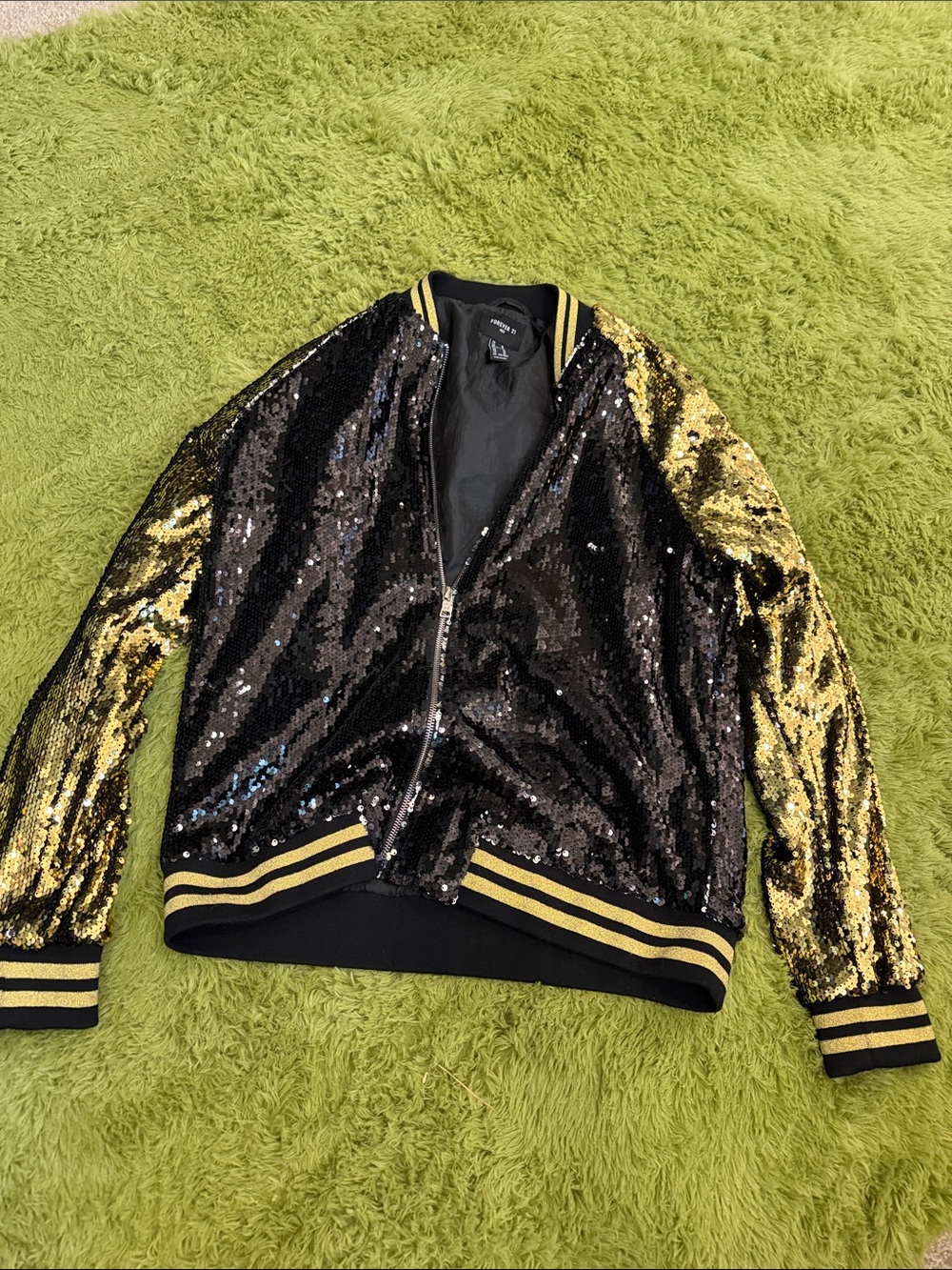 Forever 21 Black and Gold Sequined Varsity Bomber Jacket